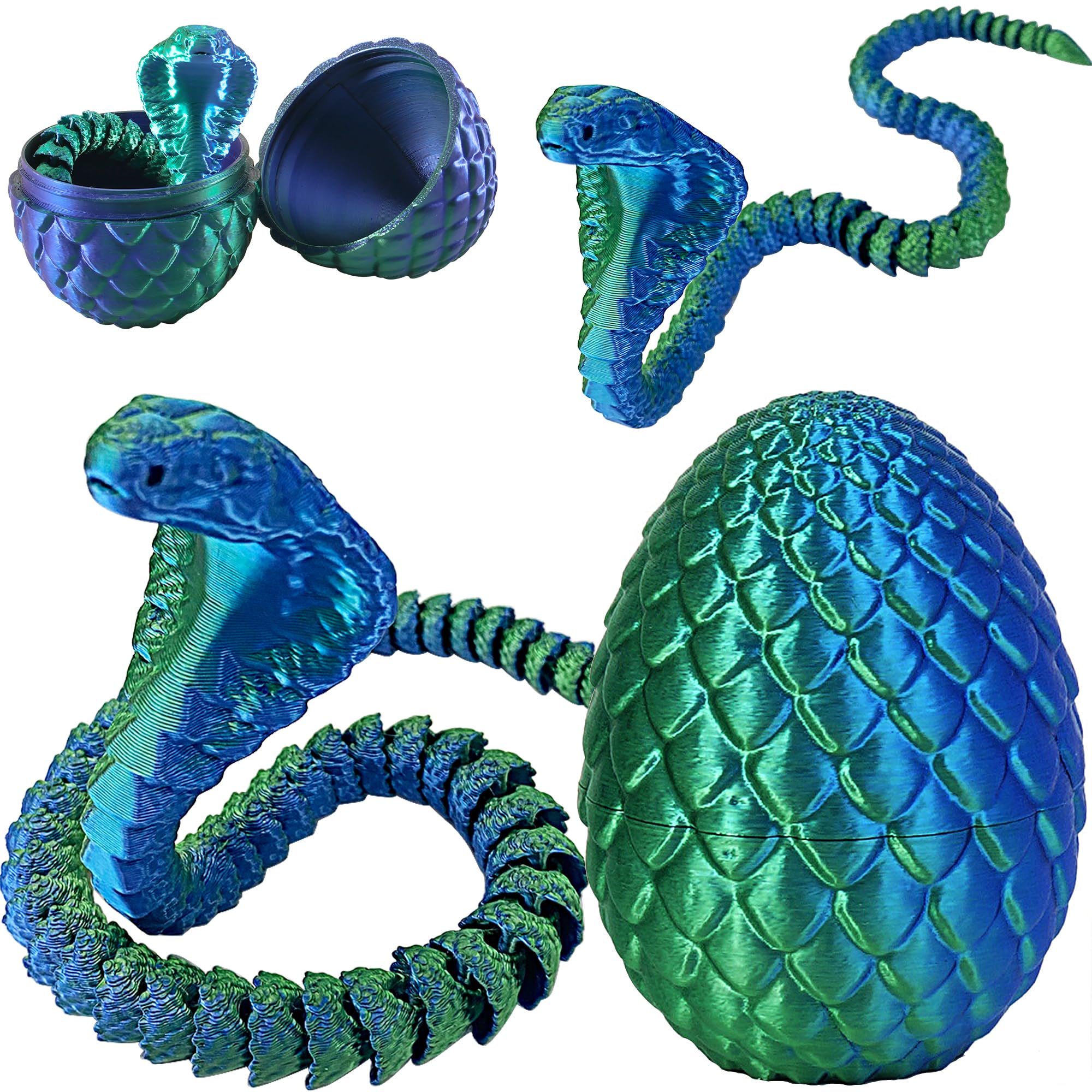 Joycabin 3D Printed Animals, 3D Printed Snake Fidget Toy, Easter 3D Printed Cobra Snake Eggs, Fidget Mini Animals Toy Articular Mobility Toys for Adults and Kids Autism/ADHD (Cobra - Blue Green) — image 1