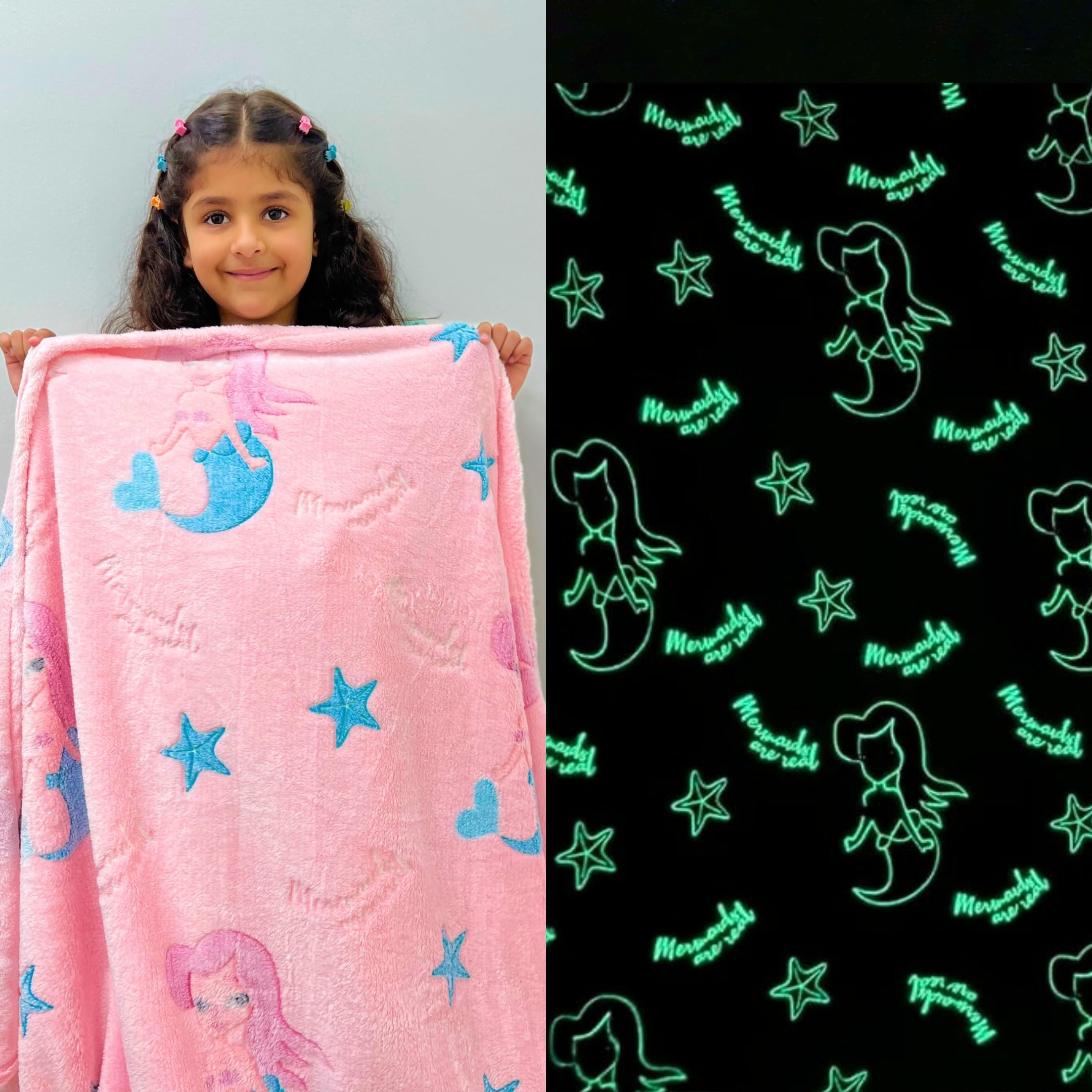 Famyo Queen Size Glow in The Dark Blanket for Kids Mermaid 200x152 cm,  0-15 Years Soft Flannel Fleece Throw Cozy Warm All-Season Glow