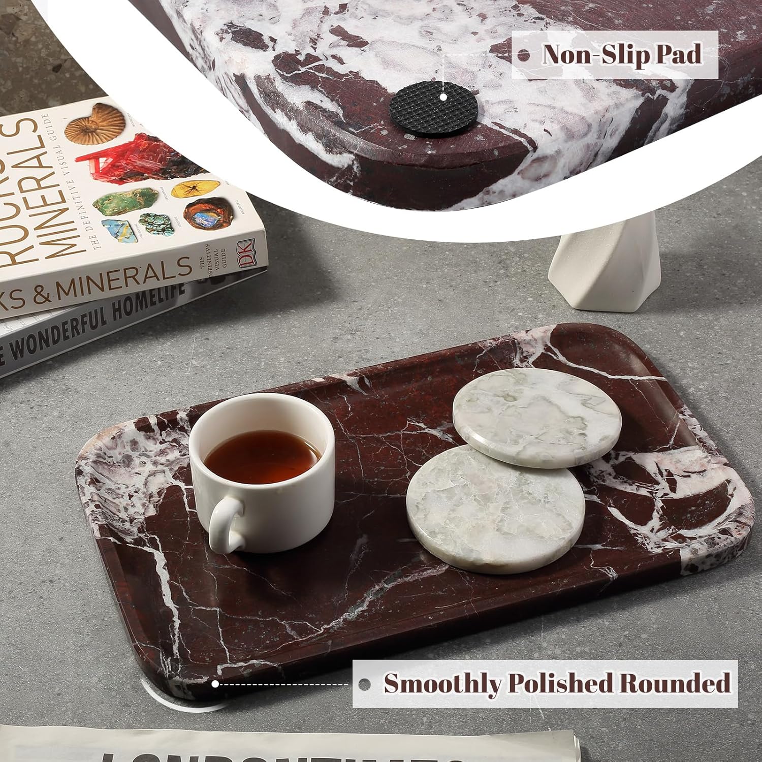 Marble Vanity Tray, Large Stone Bathroom Tray for Countertop, 14'' Rose Red Genuine Marble Decorative Tray for Dresser, Green Kitchen Trays for Counter,Perfume Storage, Non-Resin/Ceramic