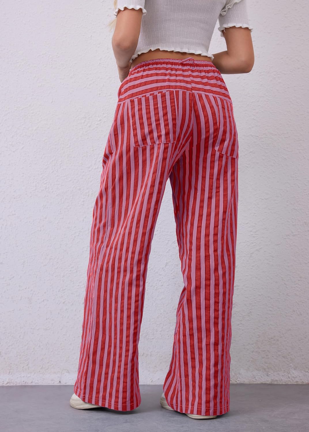 MISSACTIVER Women Drawstring Striped Pants Loose Wide Leg Trousers Casual Low Waist Pants Comfy Lounge Pants with Pockets - Image 4