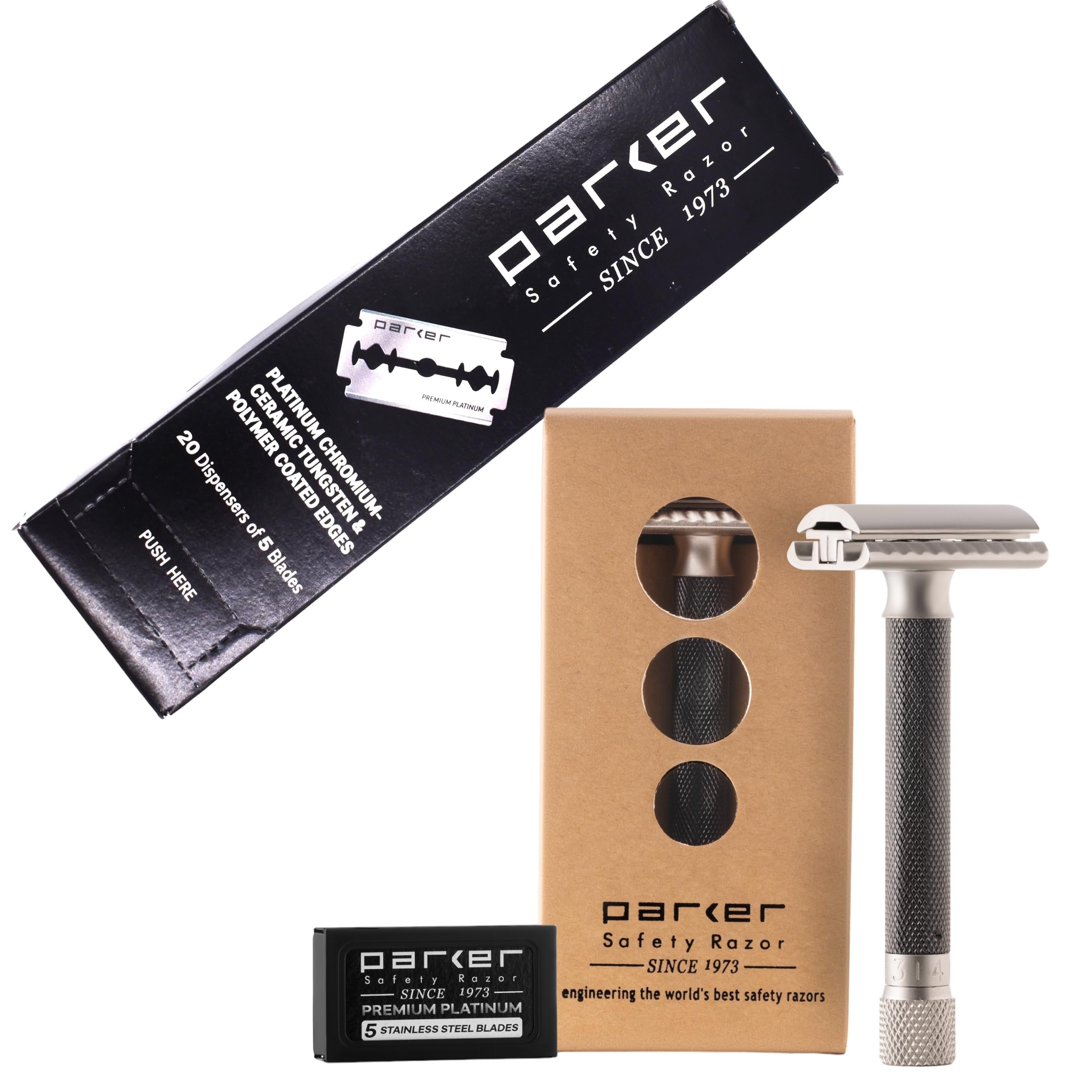The Parker Variant ADJUSTABLE Double Edge Safety Razor and 105 Blade BUNDLE GRAPHITE