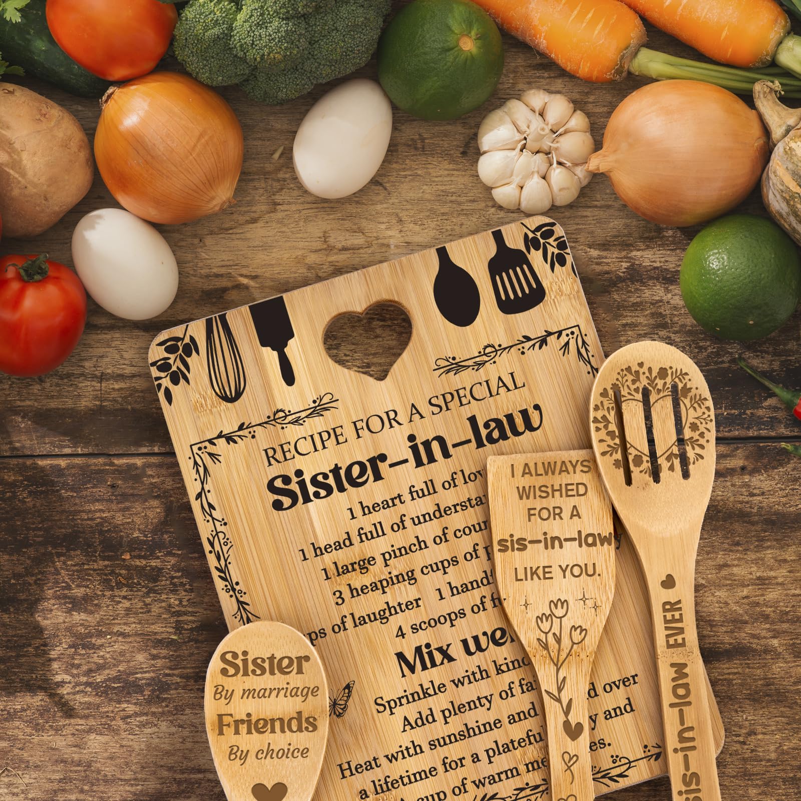 Gifts for Sister in Law - "Recipe for a Special Sister-in-Law", Sister in Law Birthday Gifts Engraved Bamboo-Made Cutting Board Set, Mothers Day Gifts for Sister in Law.