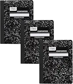 Cadernos Mead, papel com pauta universitária, 100 folhas, mármore preto, pacote com 3 (38111)