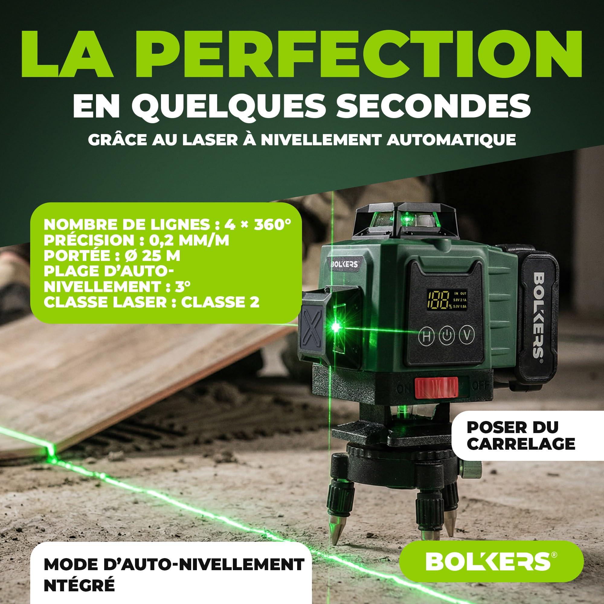 ProLaser 4x360° Niveau Laser Croix avec Trépied - Laser Vert Autonivelant, Niveau Laser Chantier, 16 Lignes, 2 Batteries, Mallette & Accessoires pour Carrelage, Mur & Installation