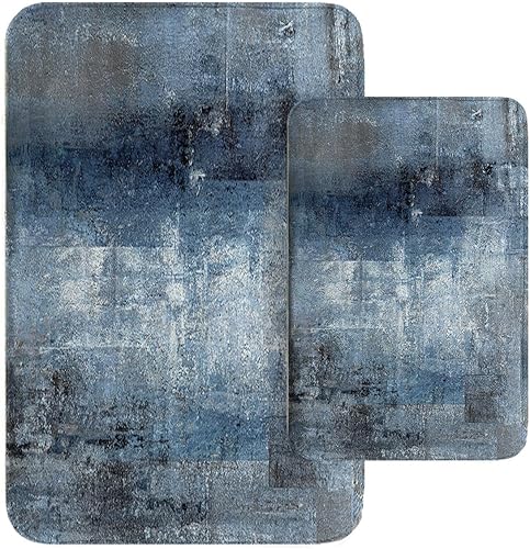 Britimes Juego de 2 tapetes de baño de arte abstracto moderno, color azul y gris, cubierta lavable, tapetes para decoración de baño, 16 x 24 y 20 x