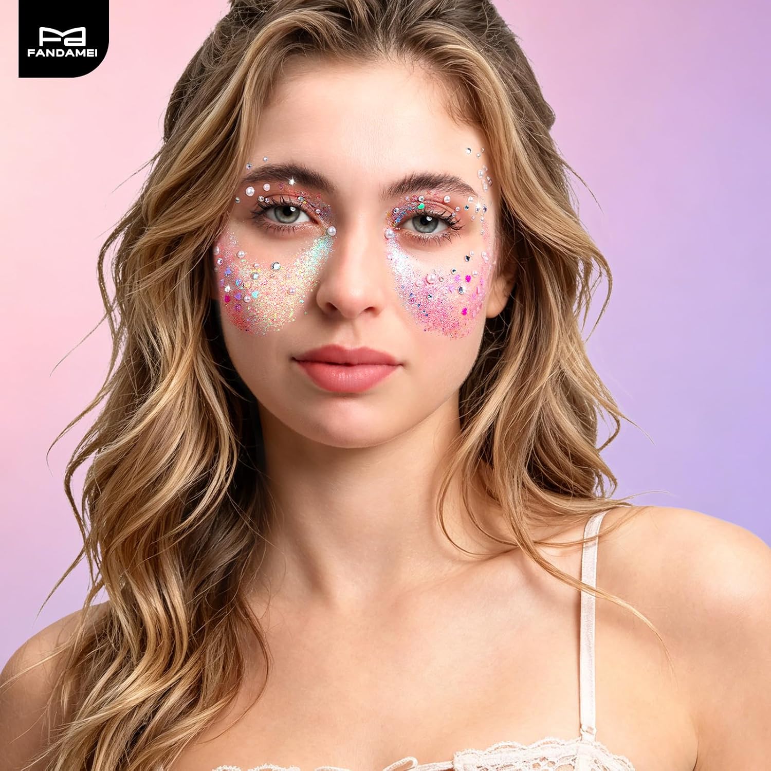 FANDAMEI Face Glitter Rhinestones Kit, 40 Colors Gel Palette, 2 Boxes Rhinestones for Face Nail Clear&Colorful, 1 Box Pearl Gems with Makeup Glue. Glitter for Women Girls Kids Makeup
