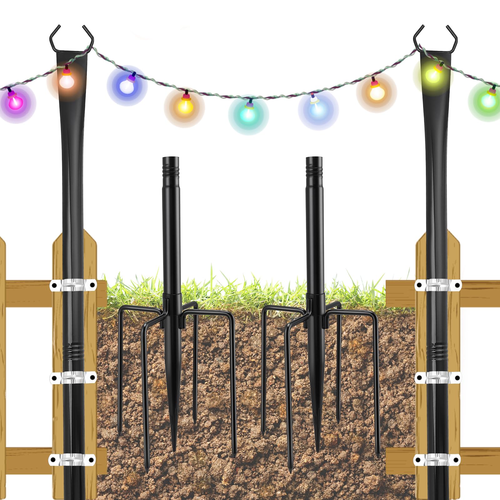 String Light Pole for Deck 2 Pack 9.8 Feet Metal Outdoor Hanging String Light Poles with Fork