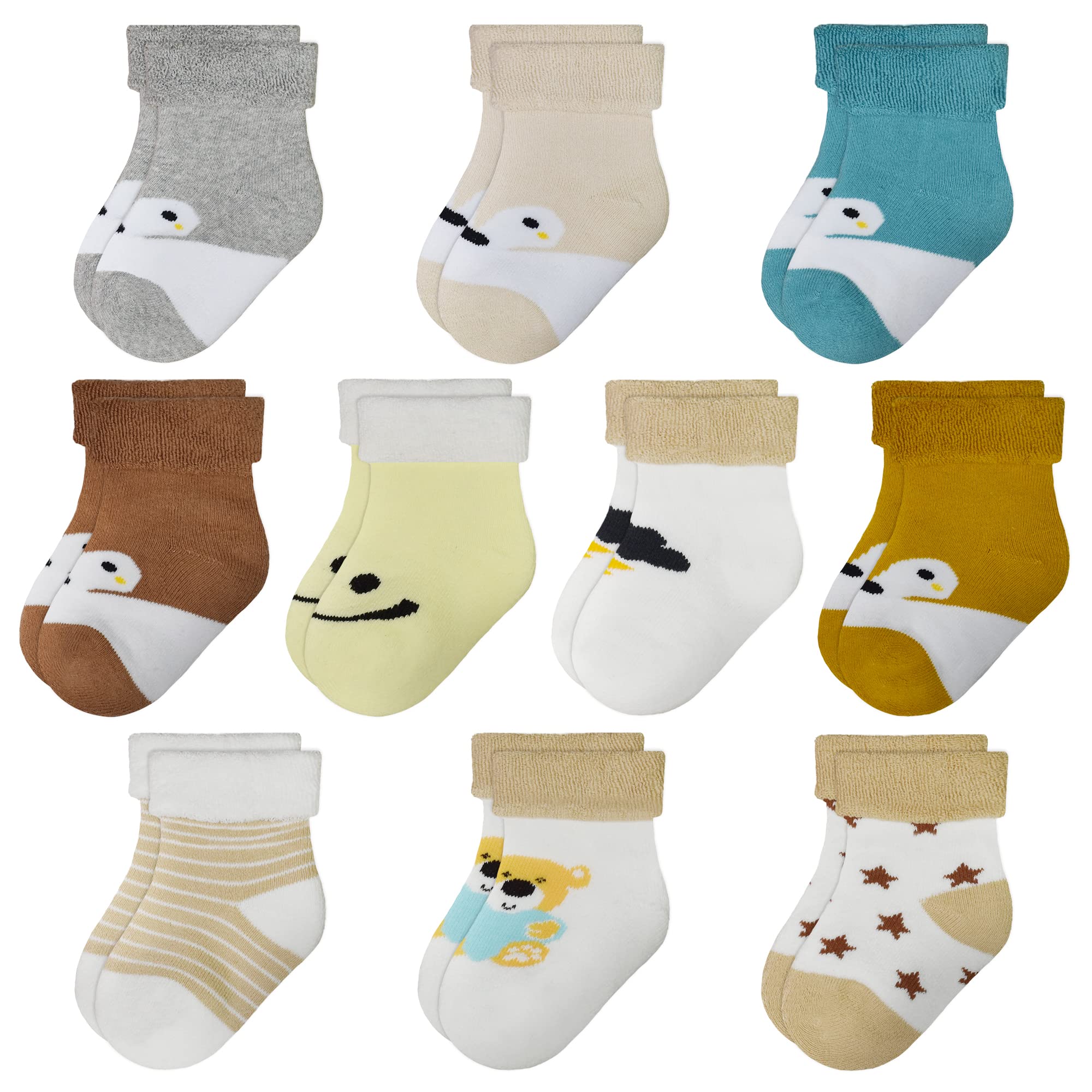TRAMLE Baby Boys Socks, 10 Pairs Cotton Cute Warm Thick Terry Socks for Newborn Baby Girls 0-6 months