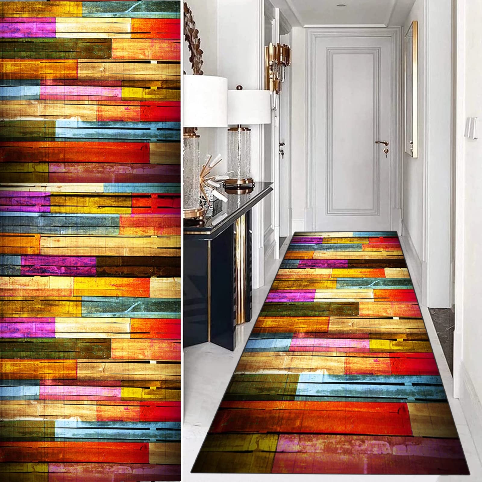 Alfombra Pasillo Antideslizante, Alfombras Pasillo de Rayas Madera, Alfombra Cocina Lavable, Alfombras para Pasillos Largos, Alfombra Entrada Casa Interior, Alfombras de Pasillo Por Metros,60x150cm