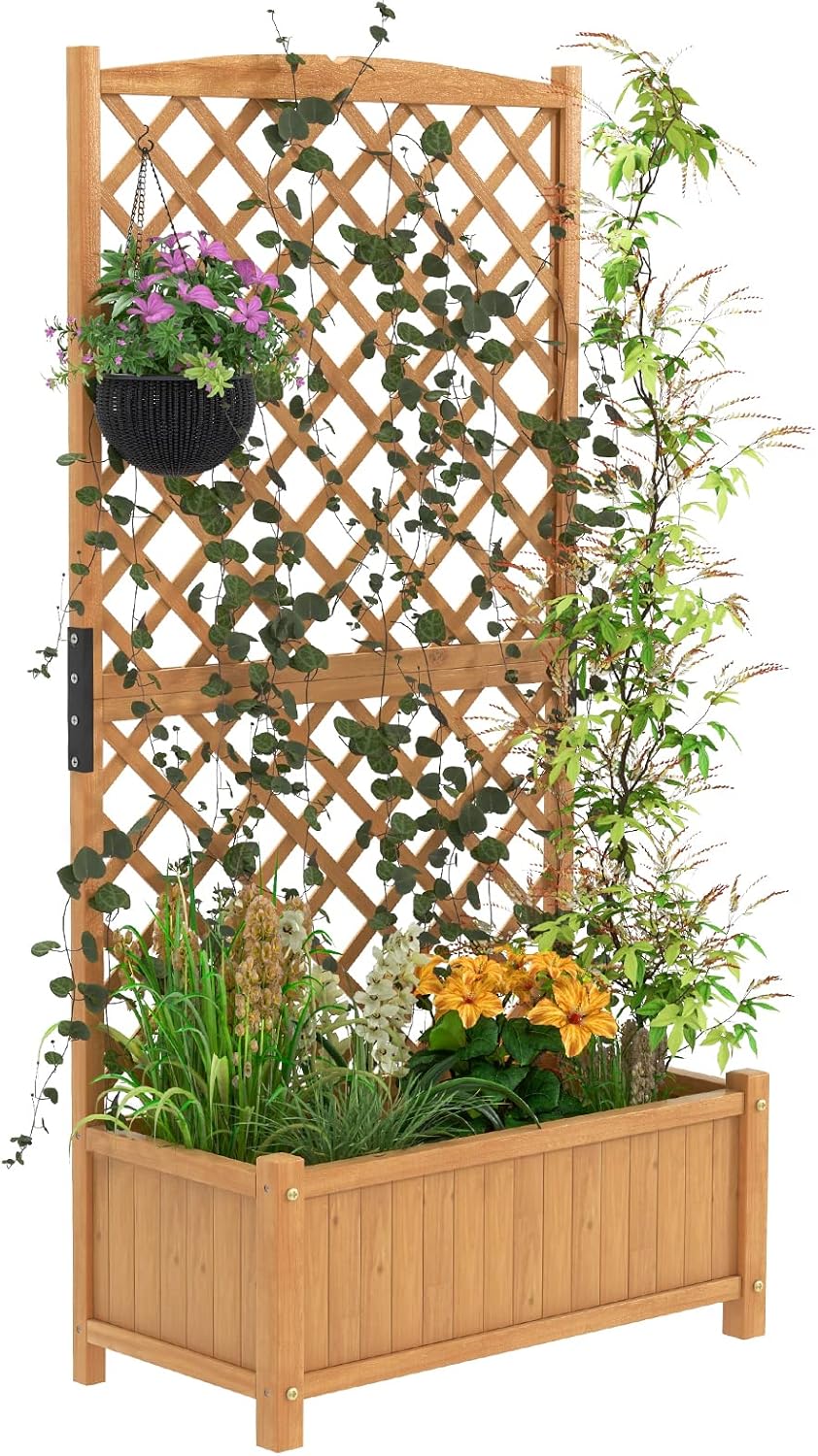 Safstar Raised Garden Bed with Trellis, Indoor & Outdoor Wood Elevated Plant Container with Safstar Raised Garden Bed with Trellis, Indoor & Outdoor Wood Elevated Plant Container with