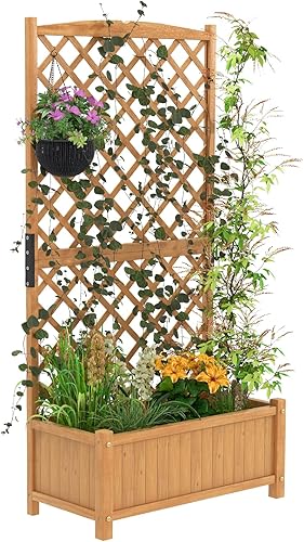 Safstar - Cama de jardín elevada con enrejado, contenedor elevado de madera para interiores y exteriores, con enrejado en forma de diamante y