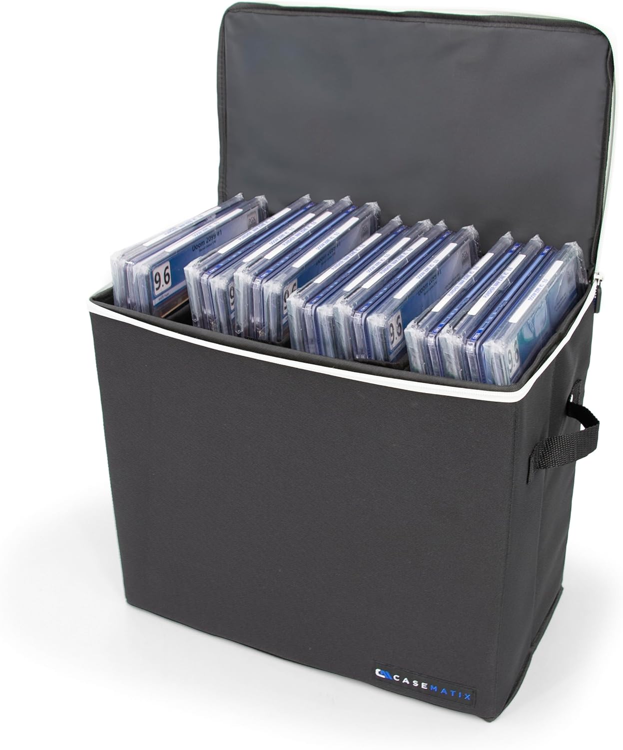 CASEMATIX Graded Comic Book Storage Bin – Protective Organizer Case Fits 28 CGC Graded Comics, Pro Collector Edition with 3 Internal Dividers, Built-In Zipper, Carry Handles & Stackable Design