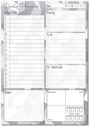 A5 Daily Planner 50 Sheet Note Pad with Schedule, Priority, To Do Lists, Doodle Notes &amp; Meal Organiser (Grey Geometric)