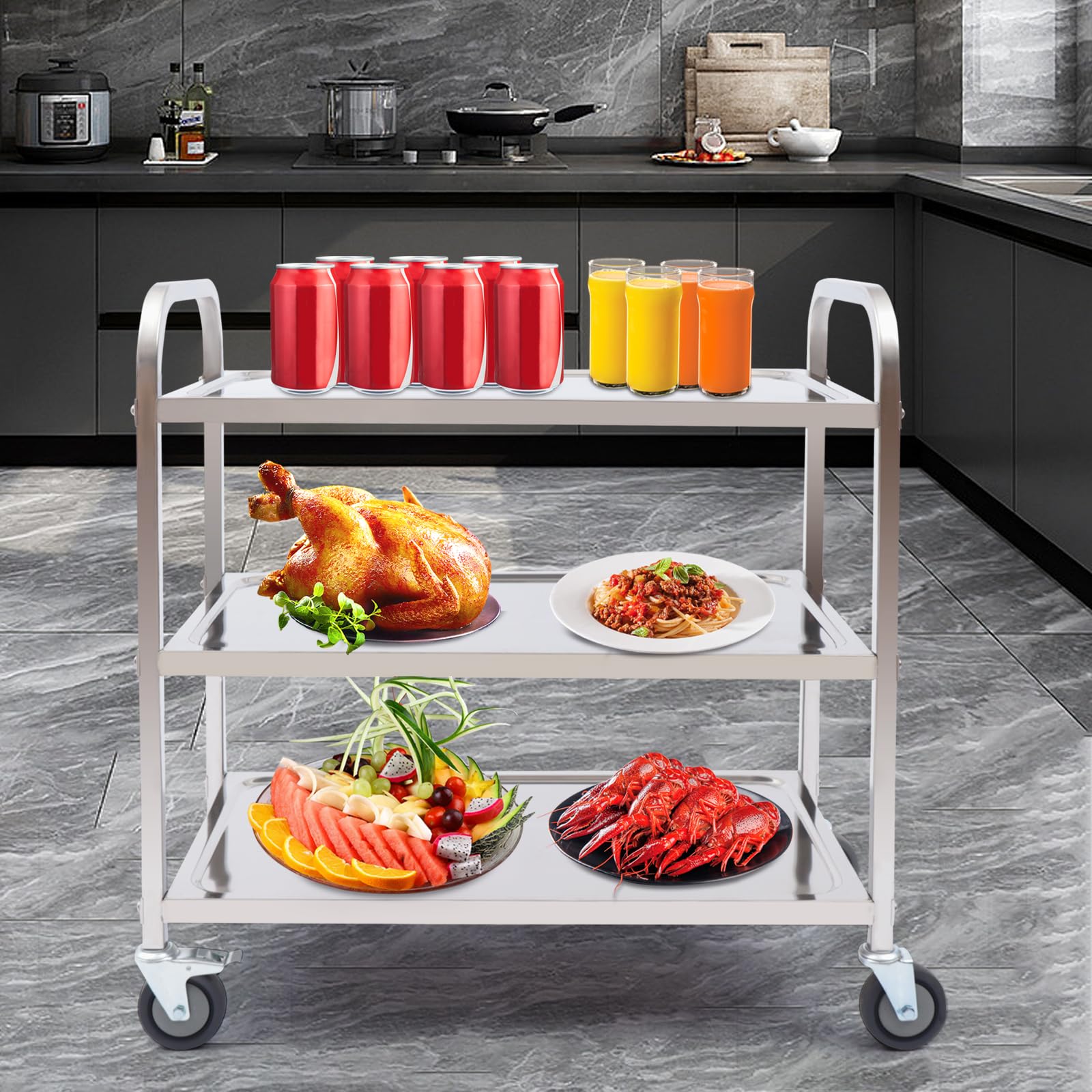 Carro De Servicio De Acero Inoxidable De 3 Estantes Con Ruedas Bloqueables, Carro De Alimentos Con Freno, Mango Integrado, Para Colocar Vajilla, Comida, Ollas, Herramientas, Libros, Etc