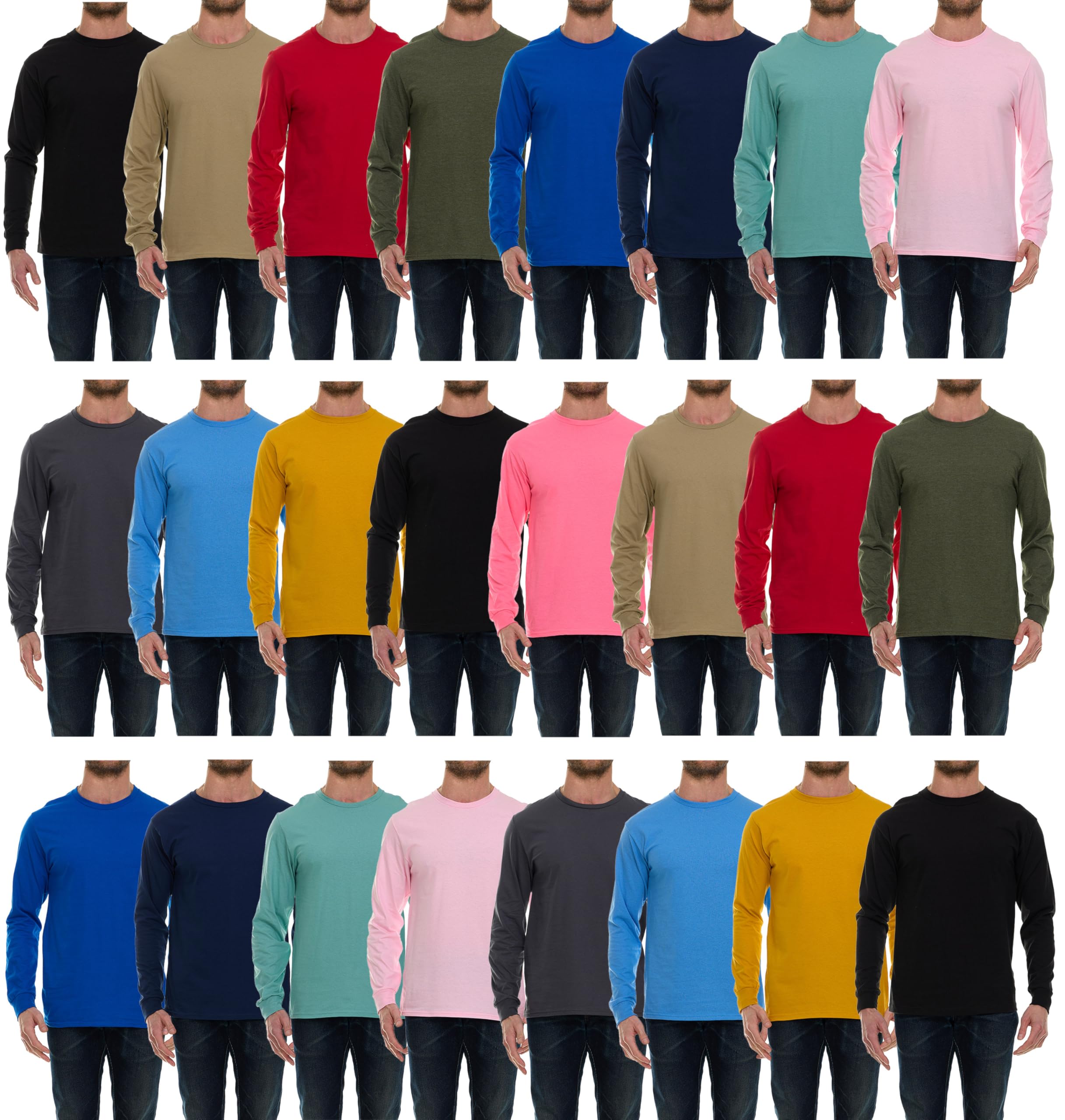 BILLIONHATS Mens Long Sleeve Colorful T-Shirts, 100% Cotton - Crew Neck Bulk Tees for Men, Wholesale Sleeved Tshirt Packs