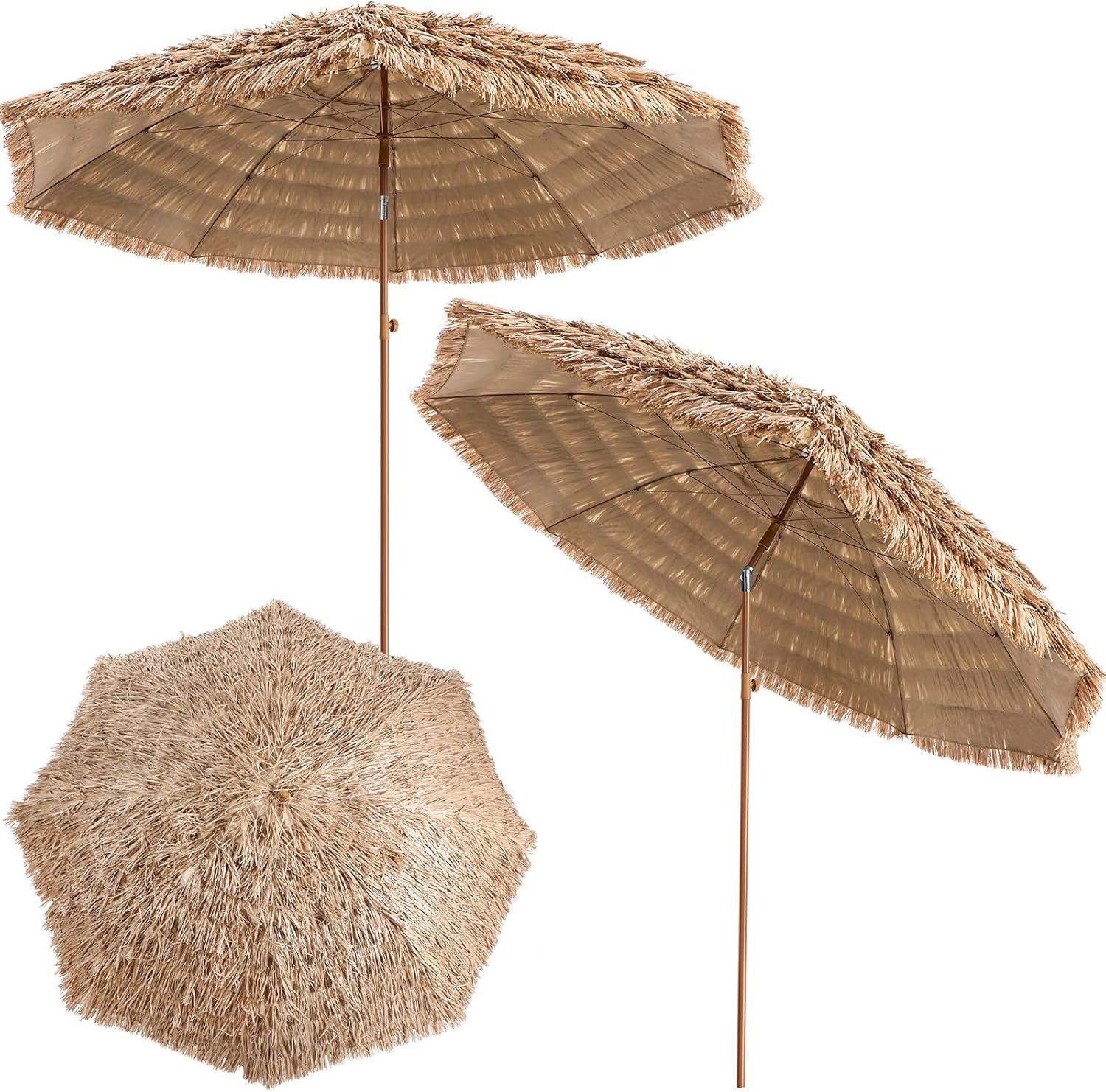 2 Pack 9 ft Hula Thatched Tiki Umbrella Hawaiian Style Beach Patio Umbrella with 8 Ribs Tilt Adjustment Manual Crank Lift for Outdoor Tiki Bar, Tropical Palapa, Backyard Pool, Patio Garden