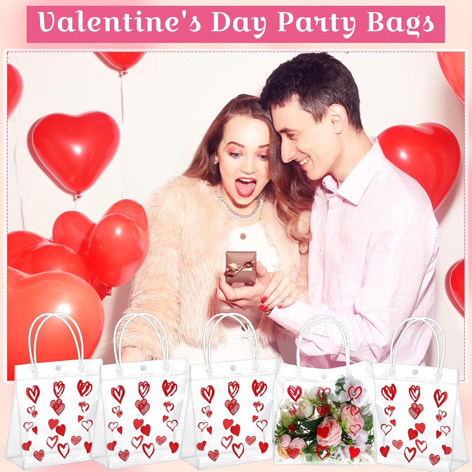 Silkfly 24 Pcs Valentine's Day Heart Clear Gift Bag with Handle, 8 x 8 x 3.15 Inch Transparent PVC Wrap Bags with Button Reusable Plastic Treat Tote Shopping Bag for Valentine Gift Wedding Party Favor - Image 4