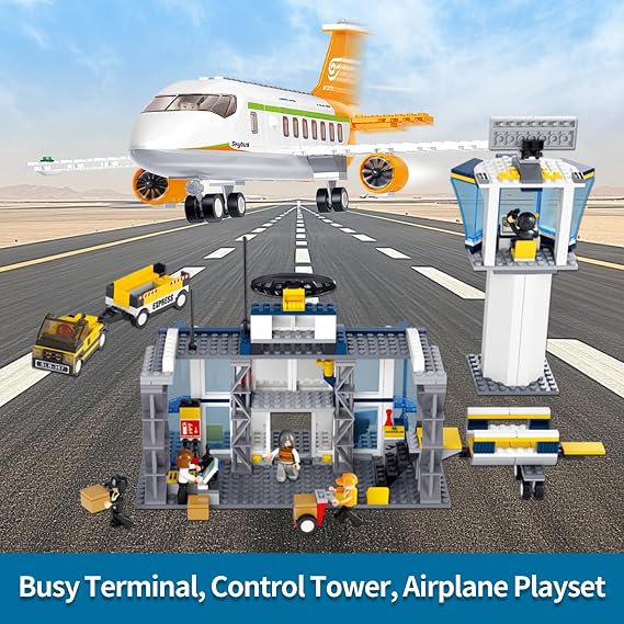 Airplane Building Set, City Airport Passenger Plane Toy, Compatible with Lego Plane, with an Airplane, Control Tower, Terminal, Baggage Cart, 8 Minifigures