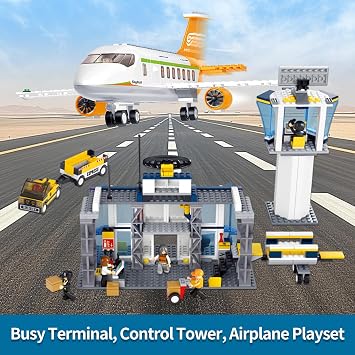 Airplane Building Set, City Airport Passenger Plane Toy, Compatible with Lego Plane, with an Airplane, Control Tower, Terminal, Baggage Cart, 8 Minifigures