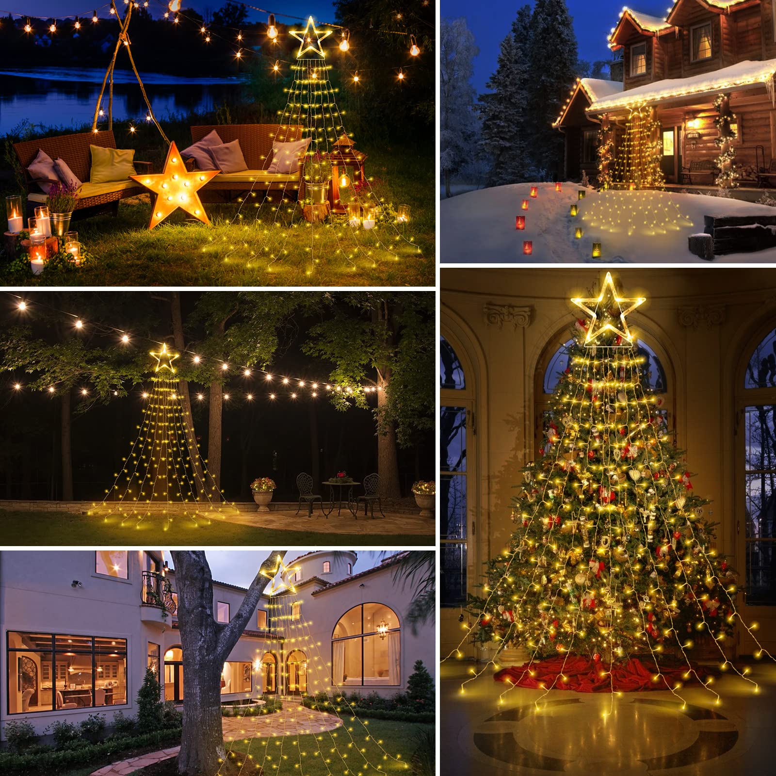 Rideau lumineux en forme d'étoile - Guirlande lumineuse d'extérieur avec prise - 335 LED - 8 éclairages pour l'intérieur et le jardin - Décoration d'arbre (blanc chaud)