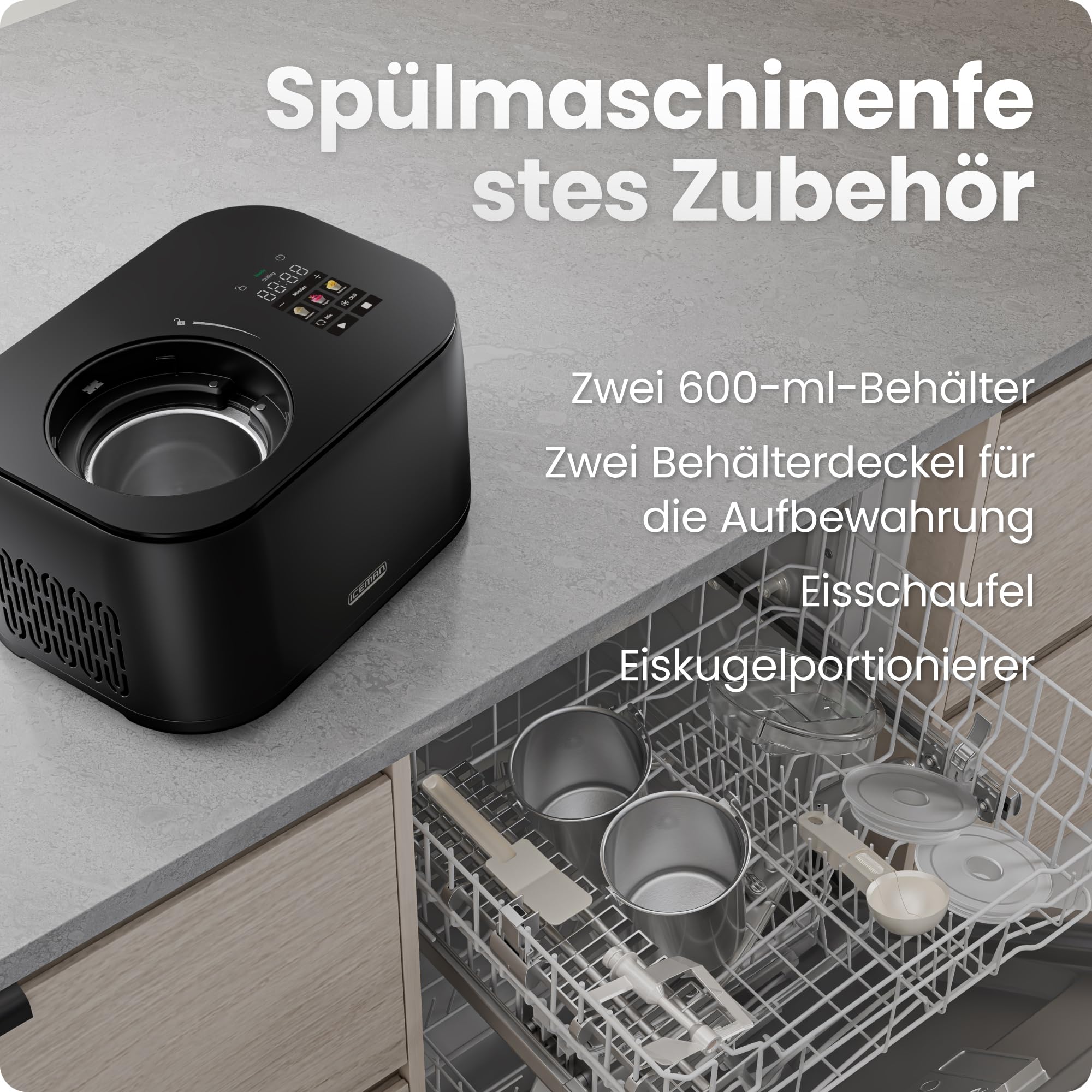Chefman Iceman Eismaschine mit Kompressor, 2x 600ml, Digitalanzeige, 3 Voreinstellungen