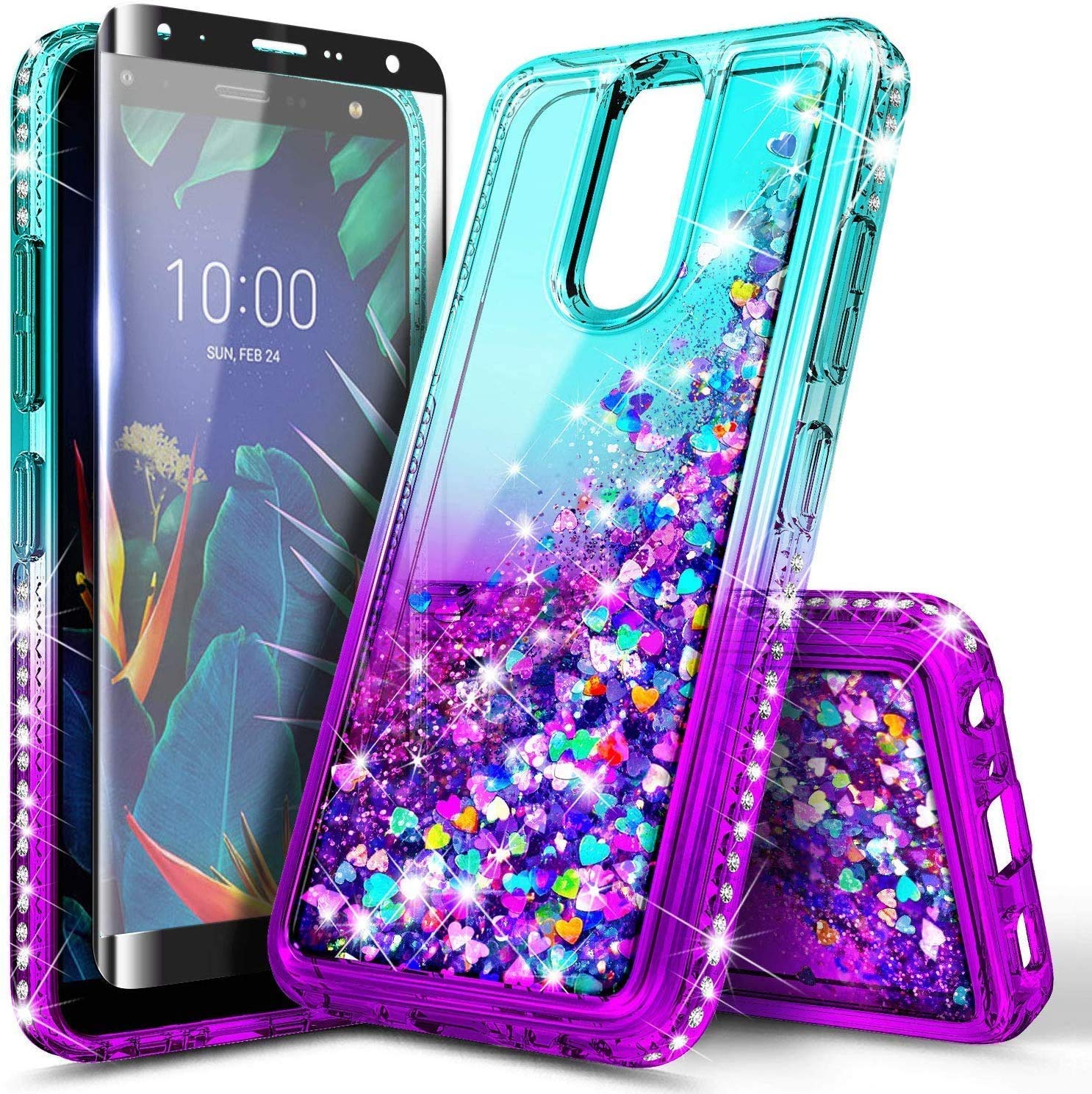 Case for LG Journey LTE, Aristo 4+ Plus/Neon Plus/Escape Plus/Arena 2/Tribute Royal with Tempered Glass Screen Protector, Glitter Liquid Floating Girls Cute Case -Aqua/Purple