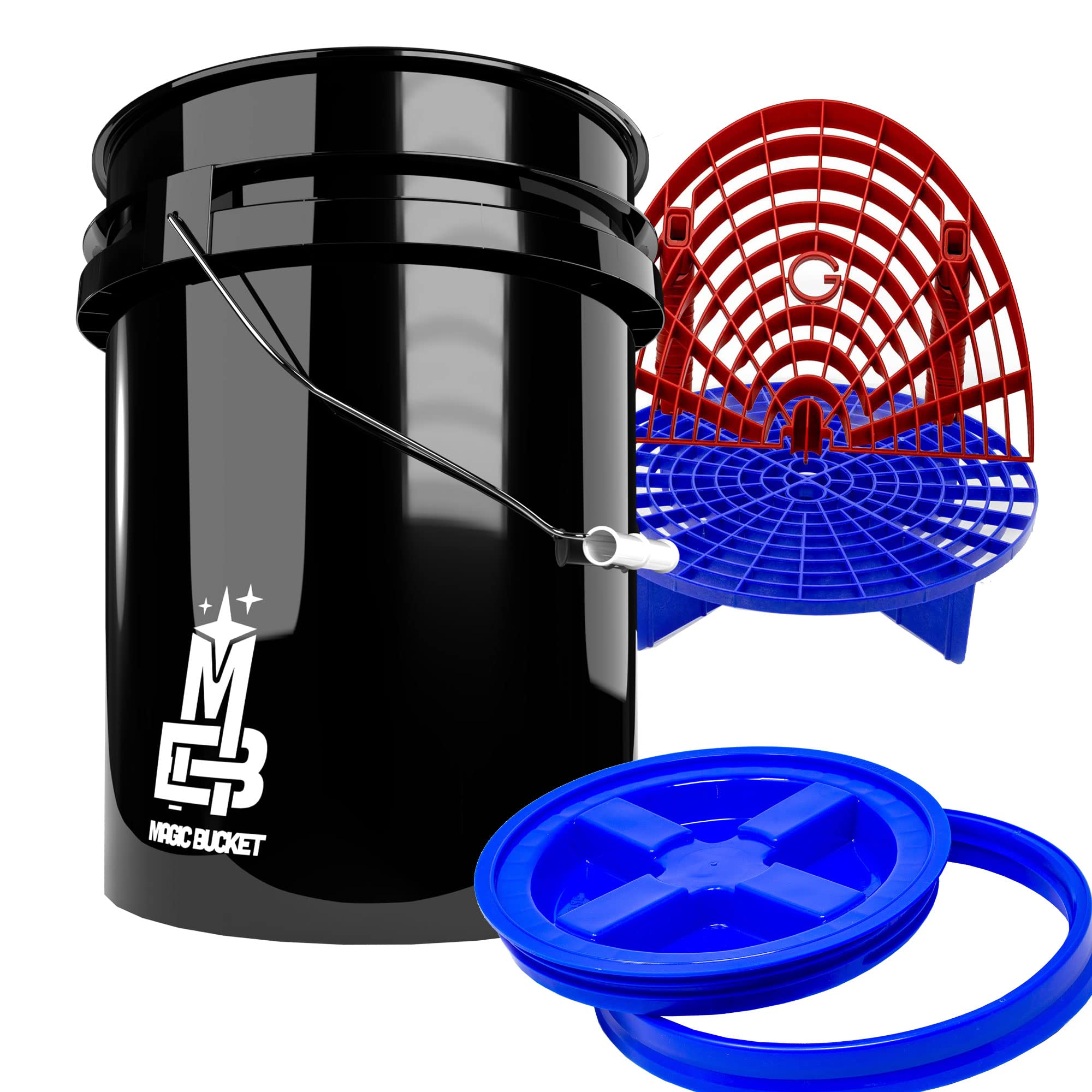 Detailmate professionelles Wasch Eimer Set: Magic Bucket Wascheimer 5 GAL (ca. 20 Liter), Gamma Seal Eimerdeckel blau, GritGuard Schmutz Einsatz blau, GritGuard Washboard rot