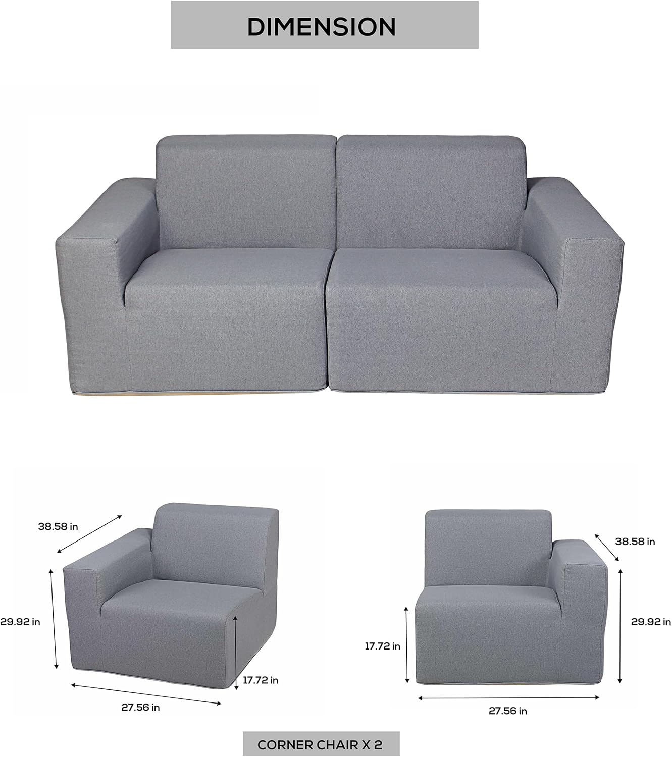 2-Piece Gray Foam Sectional Sofa Lounger with Table – Lightweight, Portable & Easy-Care Seating Set