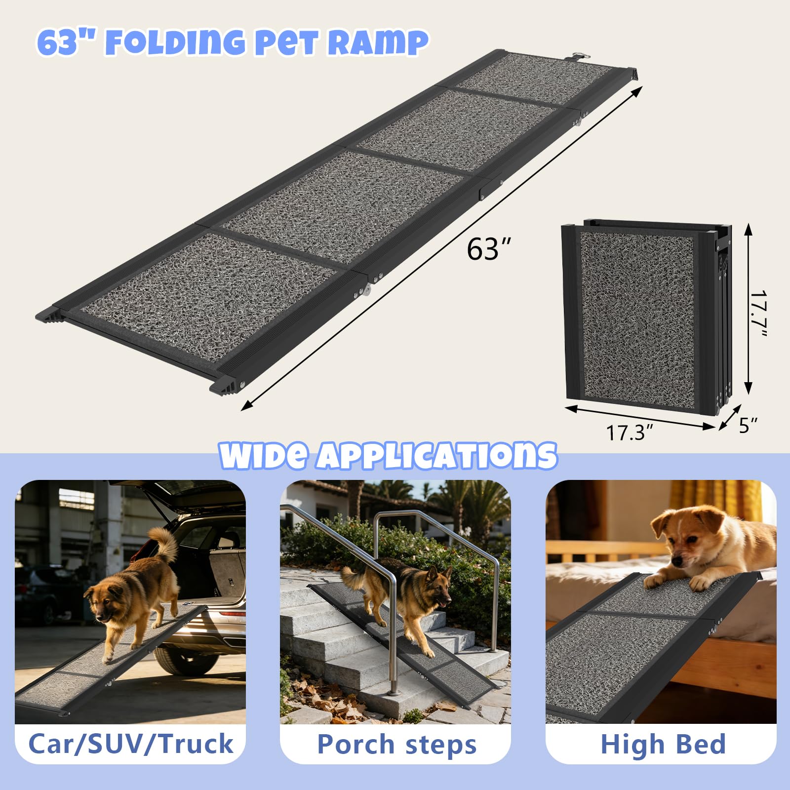 Rampe pour chien pour voiture - 160 x 43,2 cm - Rampe pliable pour grands chiens avec surface antidérapante - Rampe de voiture portable pour SUV, voiture et camion