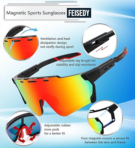Miniatura 6 de FEISEDY Ciclismo Deportes Gafas de sol Wraparound Lente Magnética Ajustable Piernas Visera Hombres Mujeres Juventud Escudo B0028