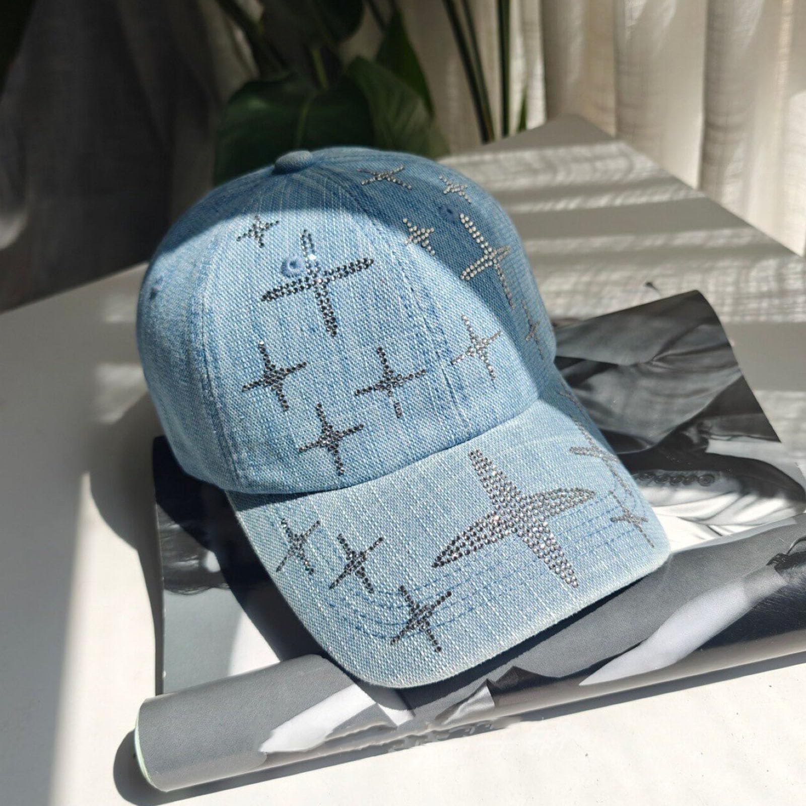 Cappellino Da Baseball Con Strass Da Donna Moda Casual Per Esterni Protezione Solare Scintillante Regolabile in Denim