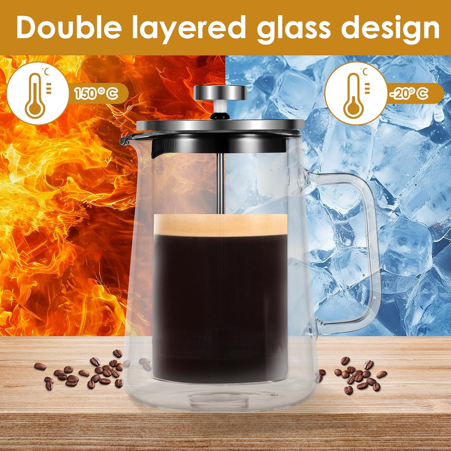 French Press Coffee Maker Double Wall Glass Cafetiere Make with Plunger Clear Filter Coffee Press French Press Tea Maker for Home Office(1000ML)