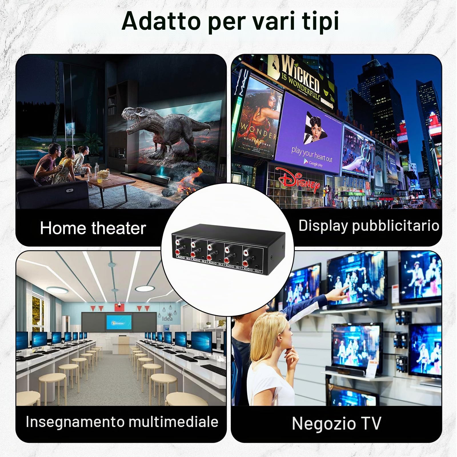 Interruttore e commutatore 4 in 1 out, 3,5 Mm Aux + RCA L/R, bidirezionale, scatola di selezione audio, splitter audio video per cuffie