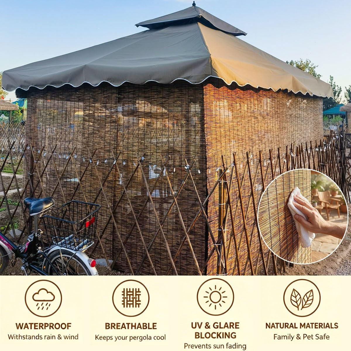 Naturel Store Bambou Enrouleur D'occultation 70% Stores Venitien Bambou Interieur Extérieur pour Fenêtre Porte Imperméables Intimité Rideau de Roseau Rétro Store en Bambou(W140cm x H200cm)