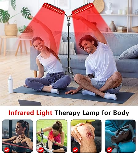 Miniatura 5 de Rikimxin - Lámpara de terapia de luz roja con soporte, lámparas duales 120 LED de 660 nm rojo y 850 nm de longitud de onda infrarroja cercana (NIR)