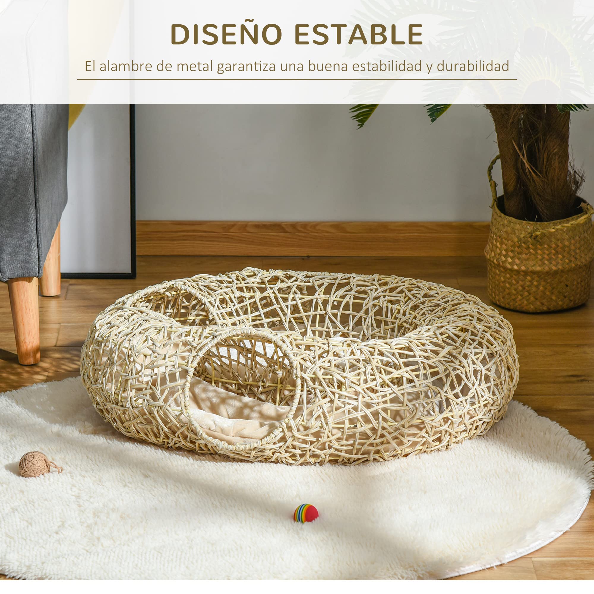 PawHut Cama de Ratán para Gatos 78x69x22 cm con Cojín Suave, 3 Orificios de Acceso y Túnel de Madera Natural