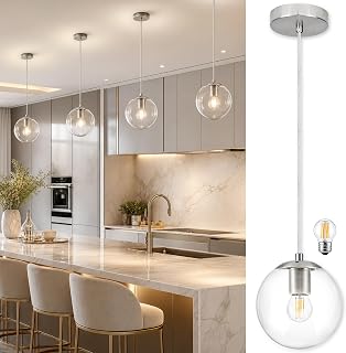 6" Nickel Modern Glass Globe Pendant Lights for Kitchen Island Mid Century Brushed Nickel Clear Glass Pendant Light Fixtures Hanging Pendant Lighting for Dining Room Bedroom Bulb Incl.