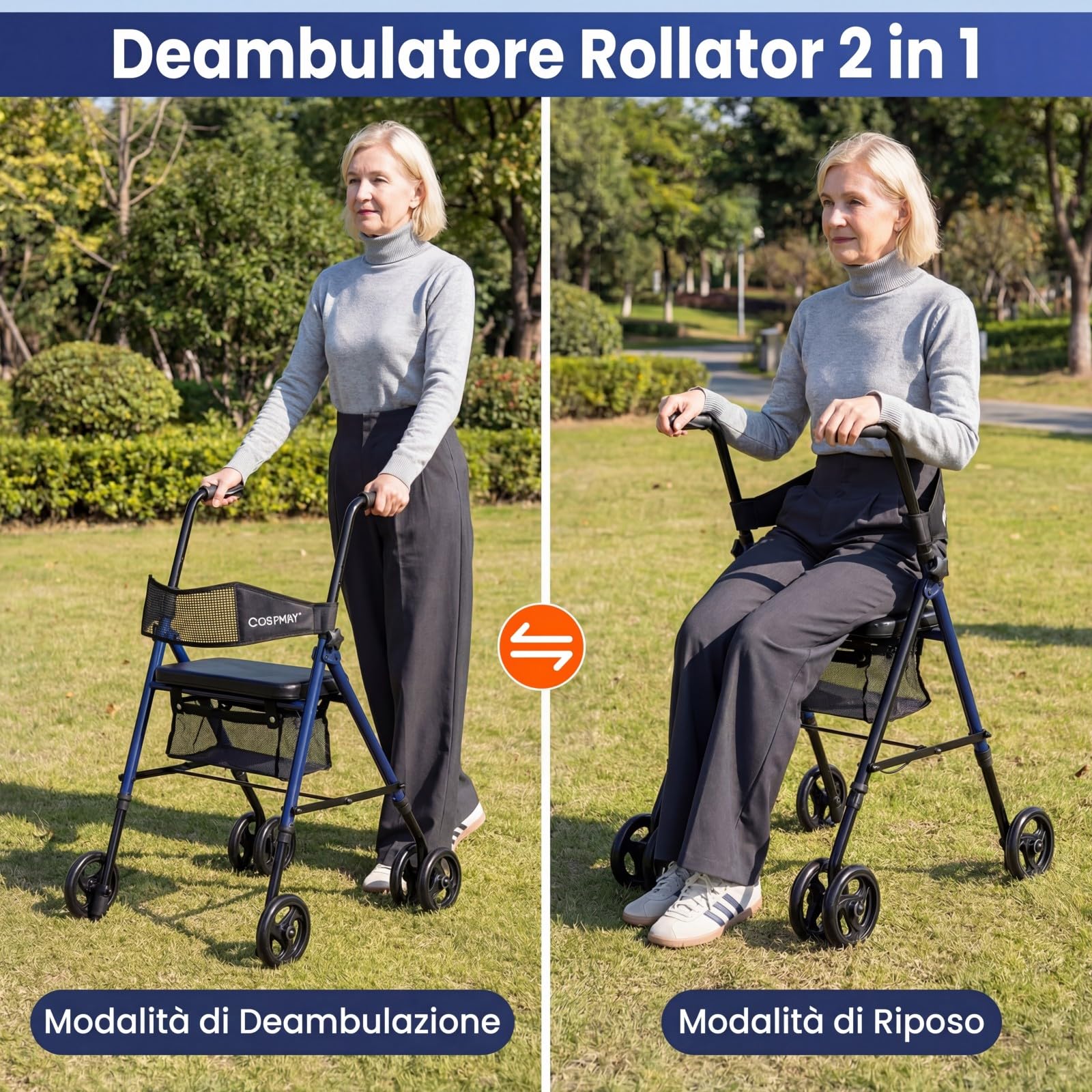 COSTWAY Deambulatore Pieghevole per Anziani, Girello a 4 Ruote con Sedile, Maniglie Regolabili a 8 Livelli, Schienale e Borsa a Rete, Deambulatore Rollator Ultraleggero per Disabil, Portata 136 kg