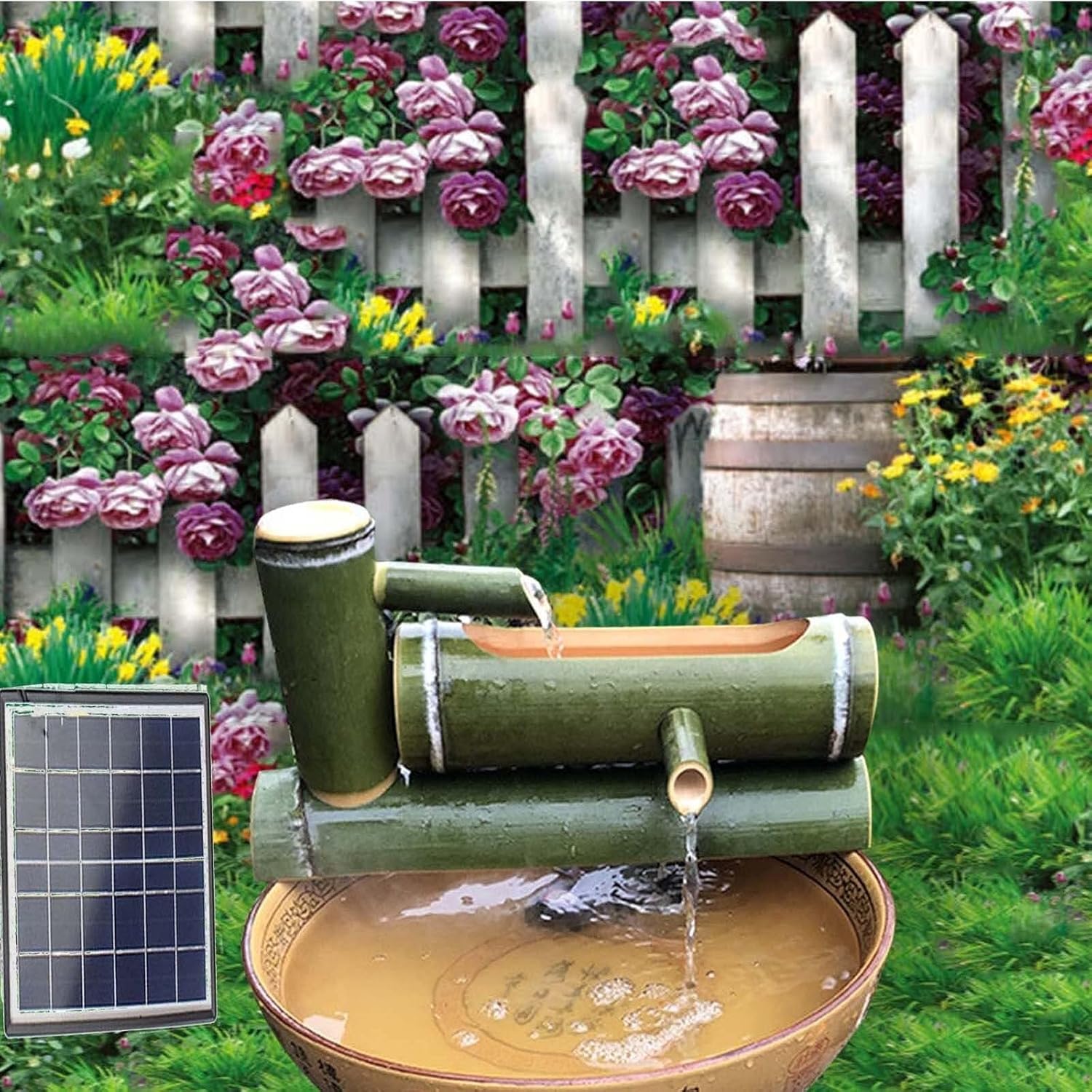 60cm Bamboo Water Feature Solar,Bamboo Fountain kit Solar Water Feature with Pump Fountain Fish Tank Fish Basin Stone Trough Fish Circulation Filter Fountain