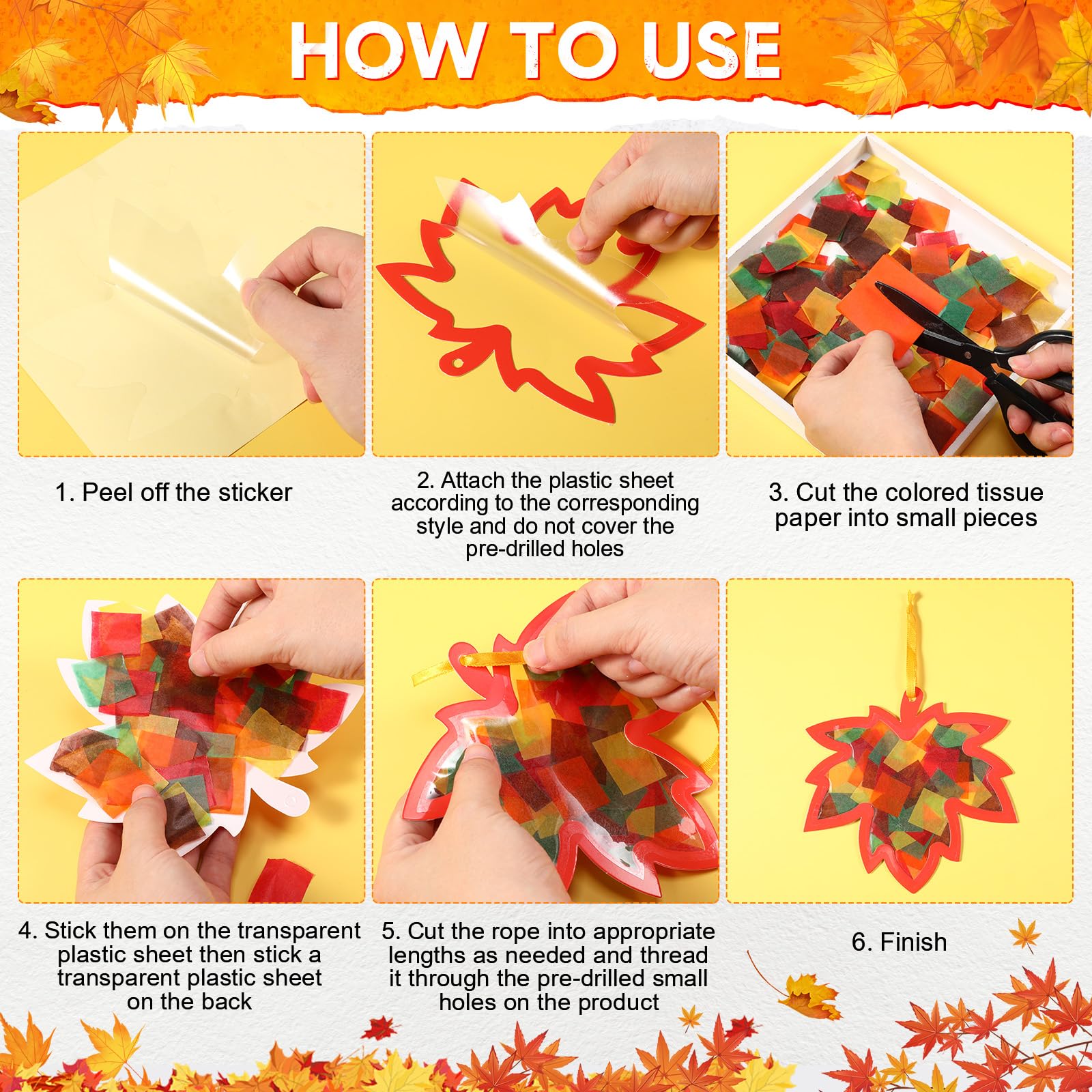 Containlol 24-teiliges Herbstblatt-Sonnenfänger-Bastelset, Herbst-Ahornblatt, DIY, Fenstermalerei, Basteln, Seidenpapier, Sonnenfänger, Dekoration, Ornament für Kinder, Klassenzimmer, Kunst,