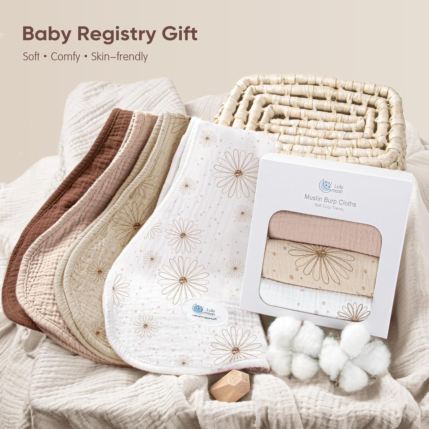 lulumoon Muslin Burp Cloths for Babies: 100% Soft Cotton Large Burping Cloths - Neutral Baby Burp Rags for Boy and Girl - Absorbent Burp Cloth for Spit-Ups 4 Pack - Image 7