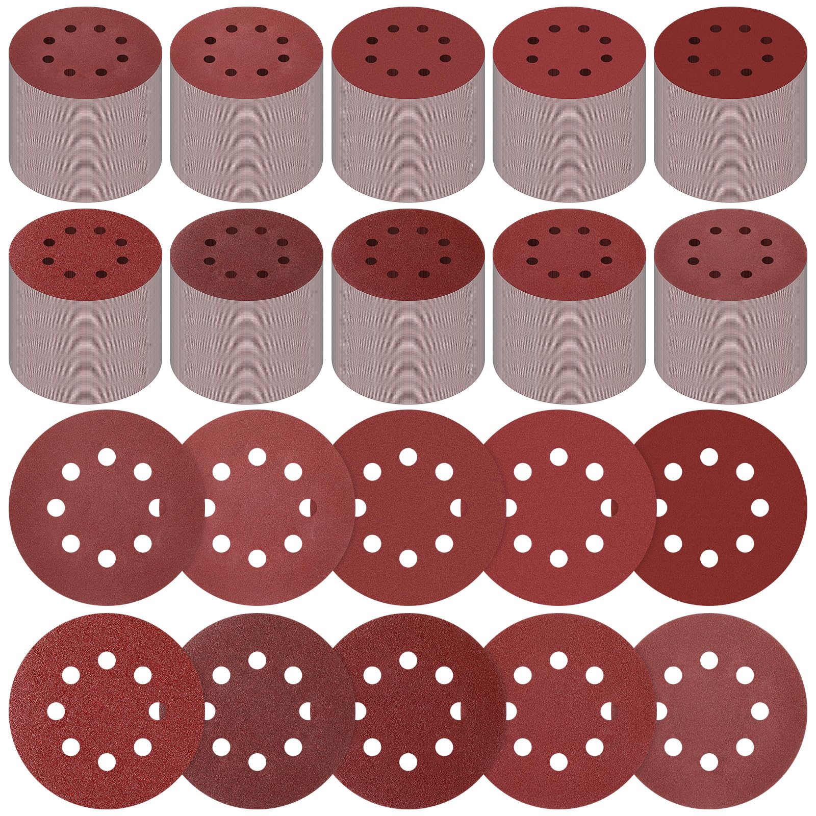 1000 dischi abrasivi rotondi da 12,7 cm a 8 fori, grana 60/80/100/120/150/180/240/320/400/600, carta vetrata per levigatrice orbitale casuale, levigatura del legno, lucidatura di metalli