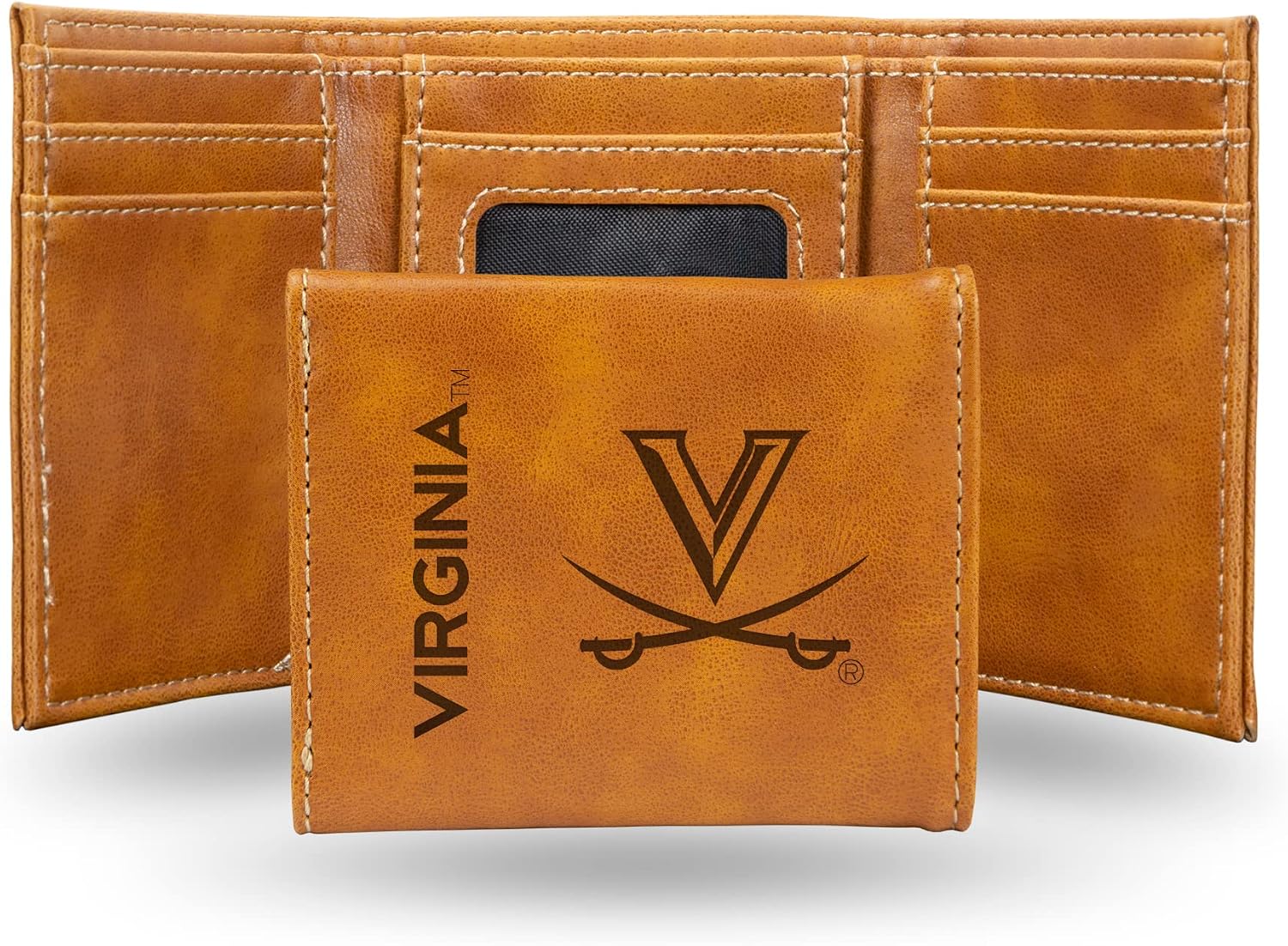 Rico Industries NCAA Cavaliers Trifold Wallet, Brown - Laser Engraved Vegan Leather, 6 Card Slots, ID Window