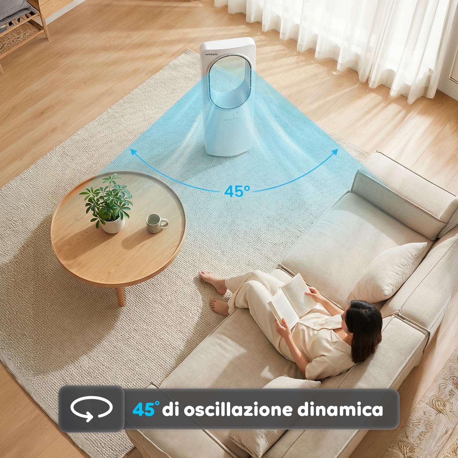 Wintem - Ventilatore a Torre Silenzioso Freezy Senza Pale con Telecomando, 3 Velocità, 3 Modalità, Timer 15 Ore e Oscillazione, Ventilatore da Terra con Display LED e Comandi Touch Intuitivi
