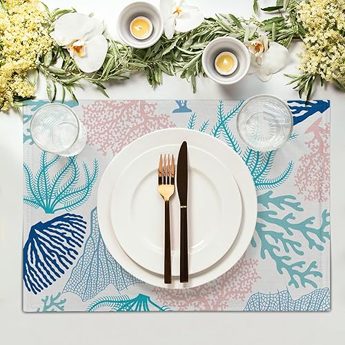 Miniatura 3 de Juego de 4 manteles individuales de lino con arrecife de coral azul y rosa, 12 x 18 pulgadas, manteles individuales con aislamiento térmico y algas