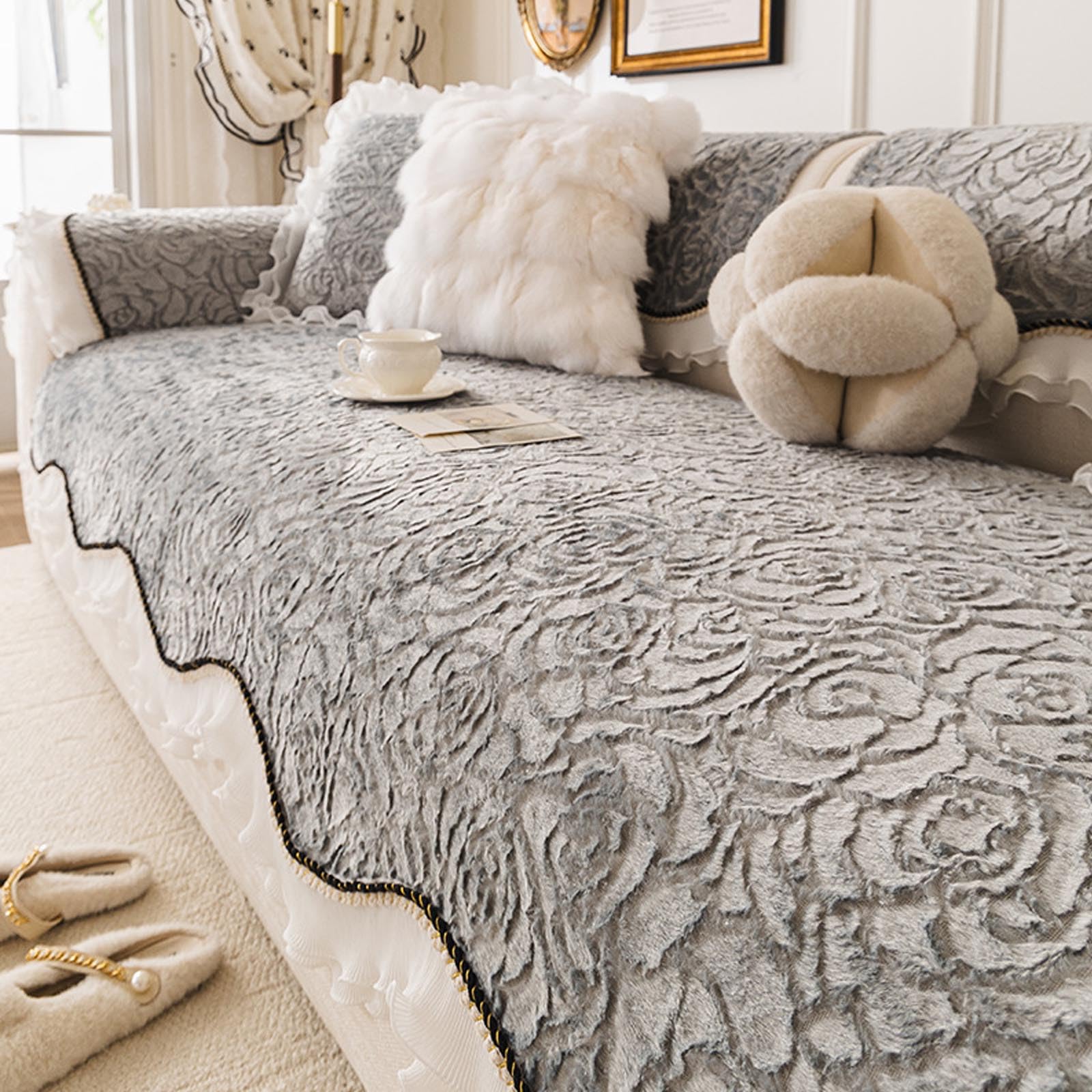 Housse canapé velours douce et infroissable pour causeuse grise