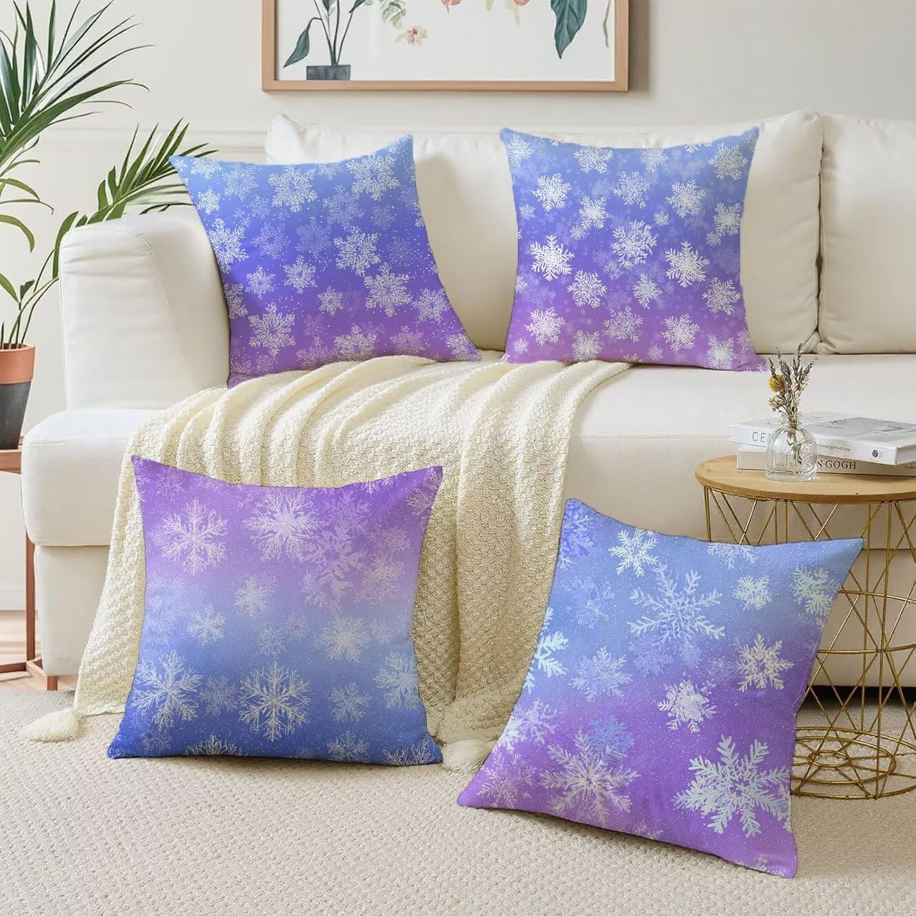 Fiocchi neve Cuscini da Esterno 50x50 Set da 4 Federe Cuscini Divano Violetta Copricuscini Lino Copri Cuscino Divano, Impermeabili Copricuscino, Quadrato Cuscino Decorativo, Moderna Decorazione t-905
