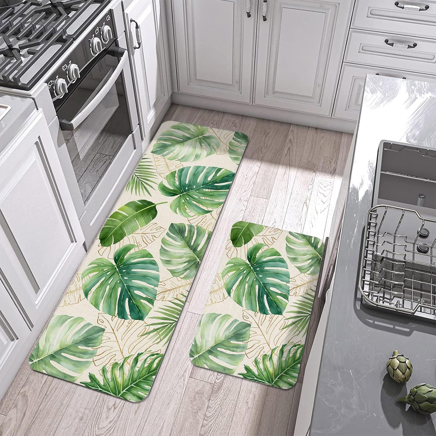 Green Monstera Leaves Kitchen Mats Set of 2 Rustic Tropical Botanical Summer Non Slip Mat Washable Floor Rug for Kitchen Sink Floor Laundry, 20"x24"+20"x48"