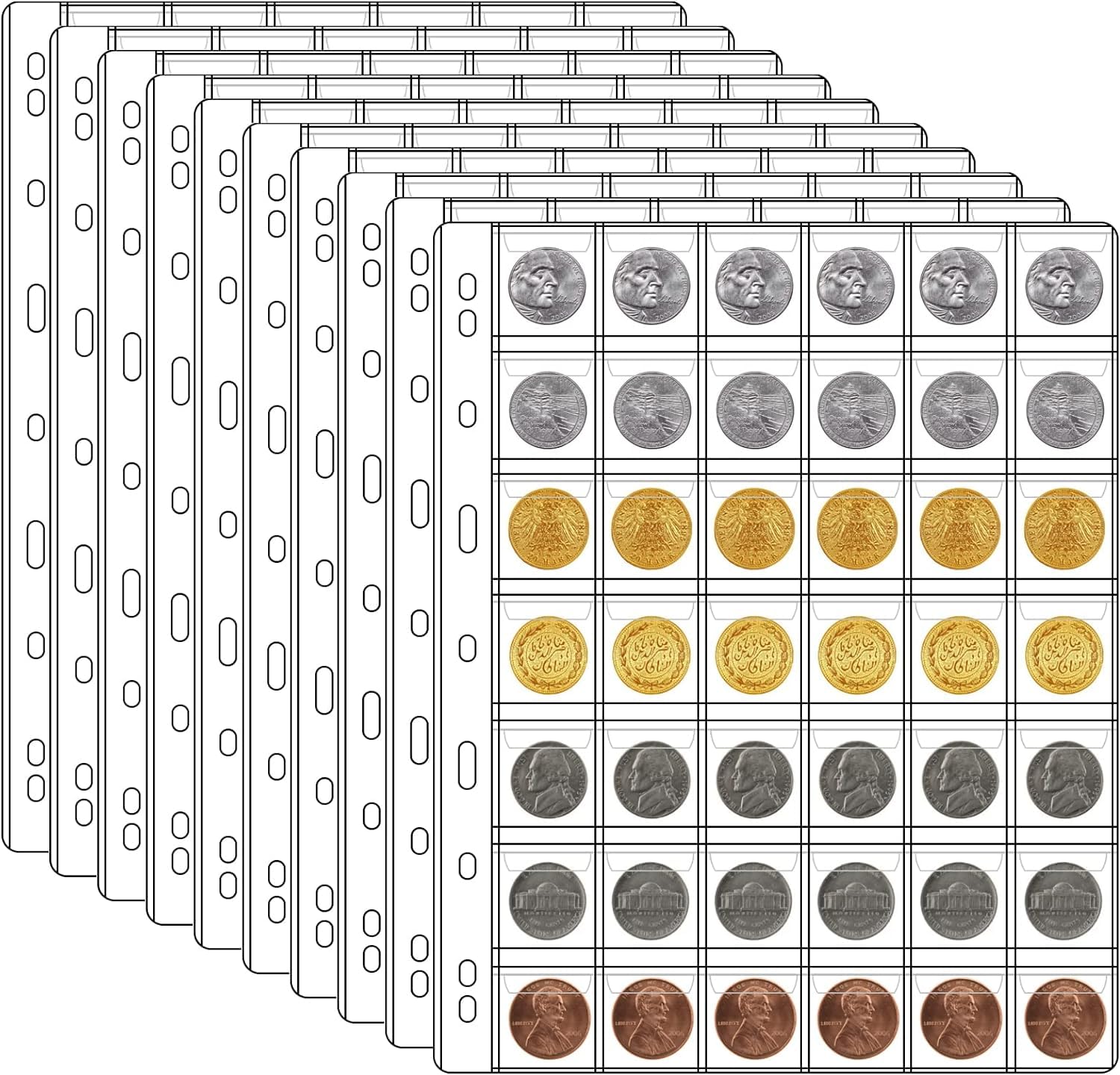 10 Sheets Coin Collection Pages, Coins Pocket Page with 420 Pockets, Coin Binder Inserts Sleeves with Standard 9 Hole for Coin Album. Storage Holder for Currency, Stamp and Other Supplies (42-Pocket)