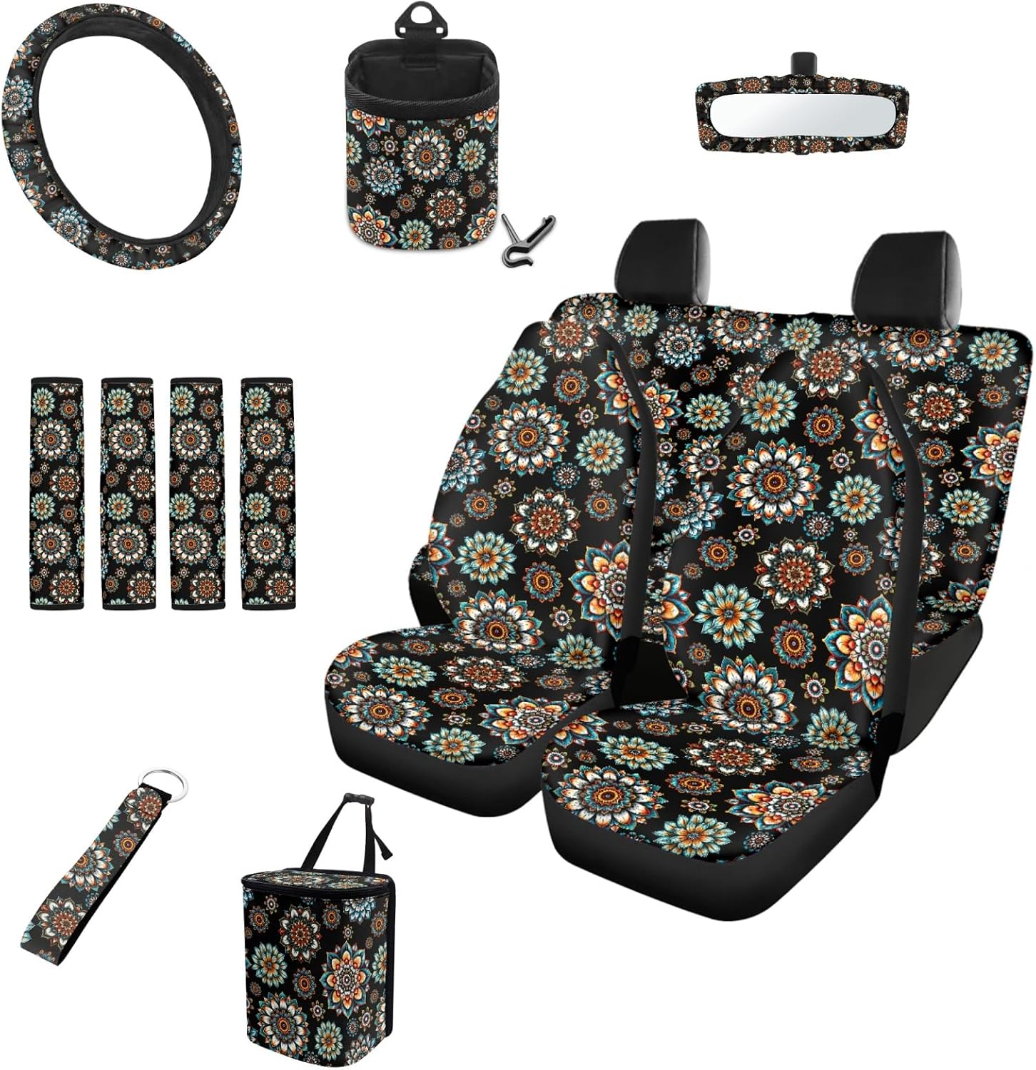 INSTANTARTS Mandala Flower 13 Pack Car Accessories Sets Auto Interior Decor 4 Pieces Car Seat Covers Steering Wheel Cover Keychain Car Trash Bag Car Pouch Organizer Rearview Mirror Cover